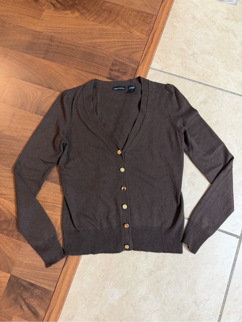 Moda International Brown V-Neck Cardigan with Gold Buttons